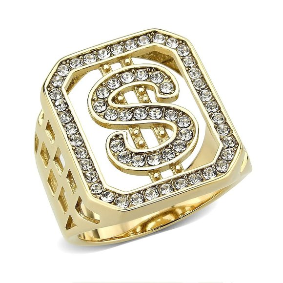 Dollar Sign Crystal Men's Ring in Gold Plated Stainless Steel - Picture 1 of 5